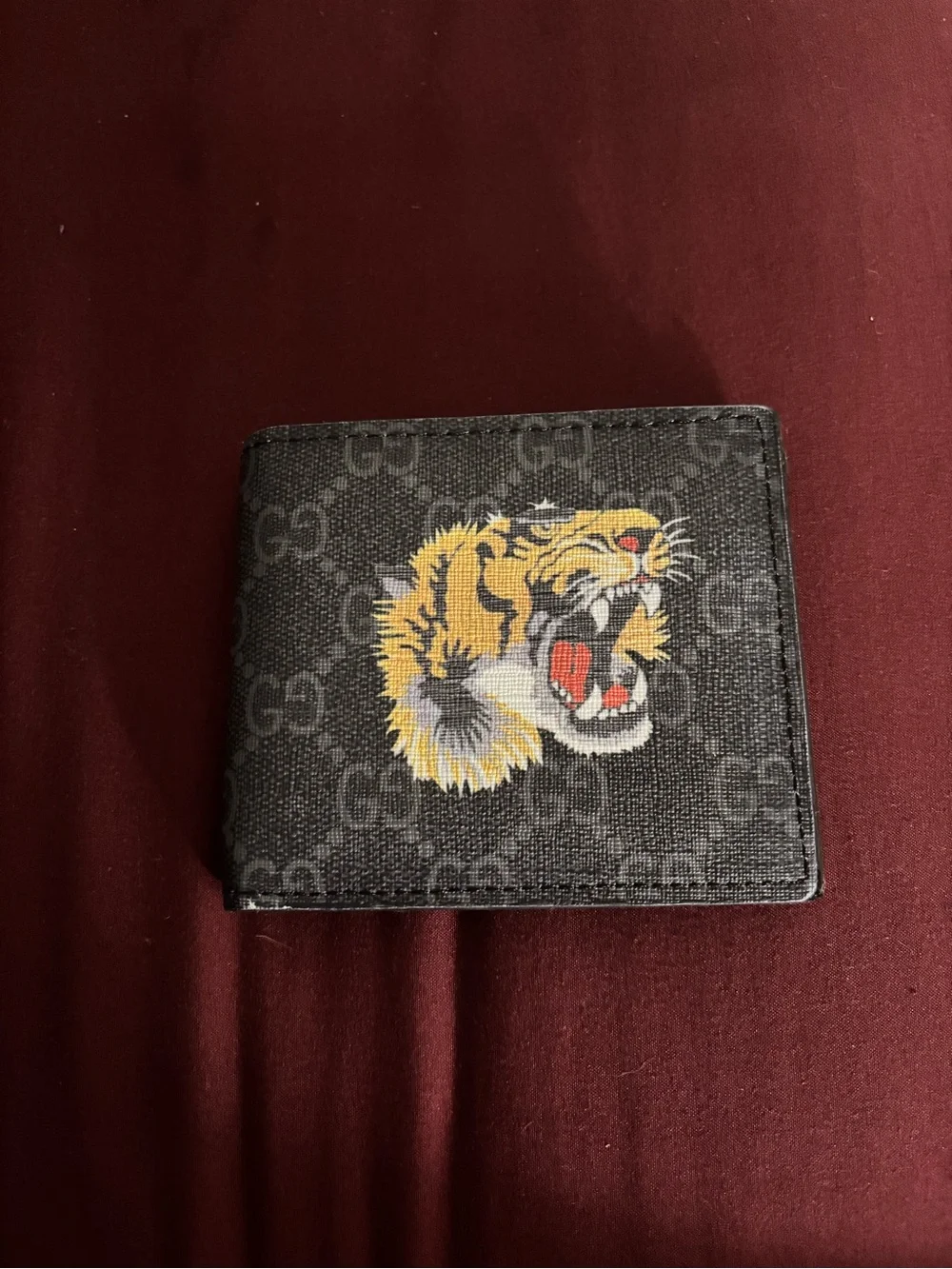 Gucci Black GG Supreme Canvas Tiger Bifold Wallet with Yellow Accents